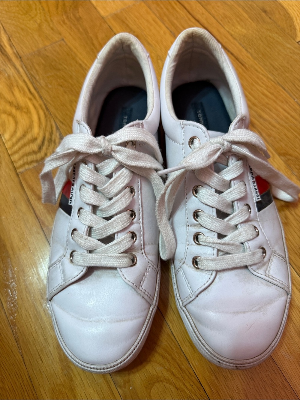 Tommy Hilfiger White Leather Lace-Up Sneakers with Flag Accent